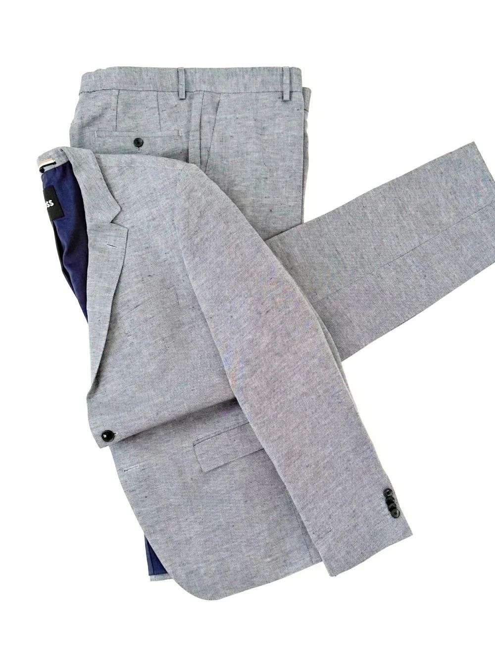 NEW Hugo BOSS Men's Light Gray Navy Blue Linen Suit Jacket and Pants 44R
